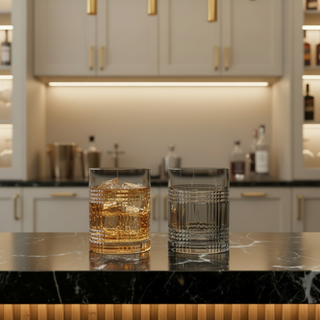 Two glasses of whiskey on a kitchen counter with blurred background
