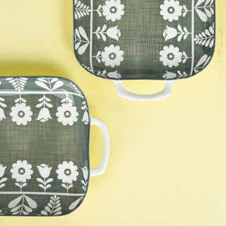 Takisso| Rana - Floral Square Platter | Green & White | Porcelain | Set of 2