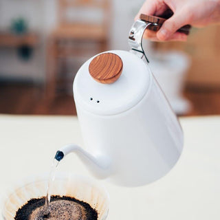 Hario | Bona Enamel Coffee Drip Kettle | 800ml | White Enamel & Wooden Handle | Induction Compatible