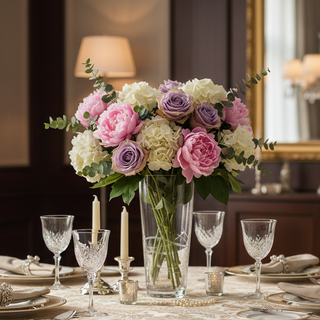 Dining table set with a floral centerpiece, candles, and elegant cutlery in a formal dining room.