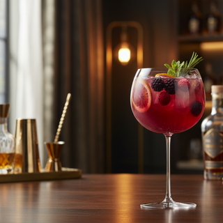 Garnished cocktail with berries on a bar counter with bottles in the background