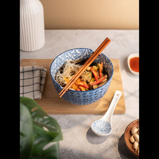 Takisso | Bowl Set Porcelain Bowl with Spoon & Chopsticks | Set of 3 | Blue | Microwave & Dishwasher Safe