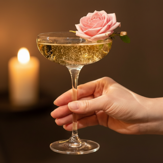 Hand holding a cocktail with a pink flower garnish in front of lit candles.