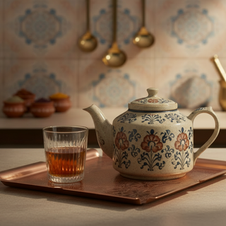 Teapot and glass of tea on a tray with a kitchen background