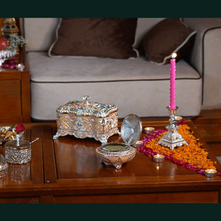 Āvaas | Rohini -Peacock Metal Candy Dish with Gift Box  | Peach & Silver  | 1 Pc