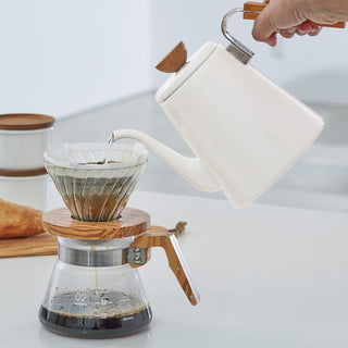 Hario | Bona Enamel Coffee Drip Kettle | 800ml | White Enamel & Wooden Handle | Induction Compatible