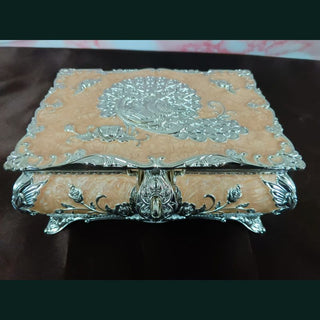 Rohini - Peacock Jewellery Box with Latch Medium  | Peach & Silver | 1Pc