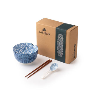 Takisso | Bowl Set Porcelain Bowl with Spoon & Chopsticks | Set of 3 | Blue | Microwave & Dishwasher Safe