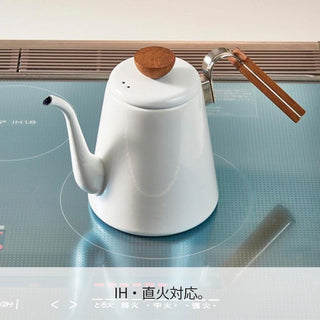 Hario | Bona Enamel Coffee Drip Kettle | 800ml | White Enamel & Wooden Handle | Induction Compatible