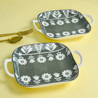 Takisso| Rana - Floral Square Platter | Green & White | Porcelain | Set of 2