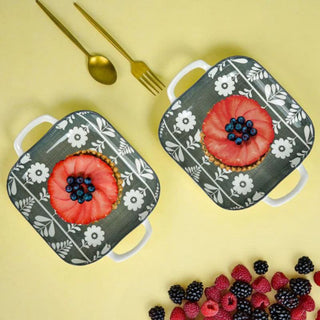 Takisso| Rana - Floral Square Platter | Green & White | Porcelain | Set of 2