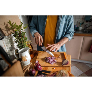 Person chopping onions on a wooden cutting board in a kitchen.