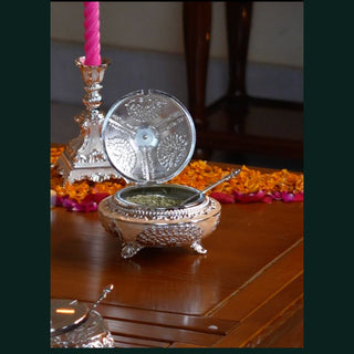 Āvaas | Rohini -Peacock Metal Candy Dish with Gift Box  | Peach & Silver  | 1 Pc