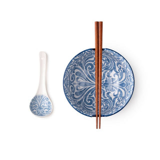 Takisso | Bowl Set Porcelain Bowl with Spoon & Chopsticks | Set of 3 | Blue | Microwave & Dishwasher Safe