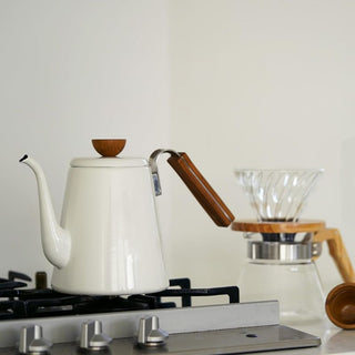 Hario | Bona Enamel Coffee Drip Kettle | 800ml | White Enamel & Wooden Handle | Induction Compatible