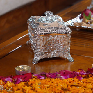 Āvaas | Rohini - Diamond Knob Peacock Jewellery Box Medium| Peach & Silver | 1Pc