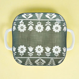 Takisso| Rana - Floral Square Platter | Green & White | Porcelain | Set of 2