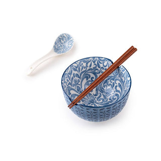 Takisso | Bowl Set Porcelain Bowl with Spoon & Chopsticks | Set of 3 | Blue | Microwave & Dishwasher Safe