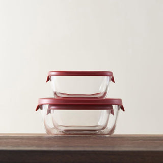 Hario | Heatproof Glass Container Set | 250ml & 600ml | 3-Piece Food Storage Set | Red