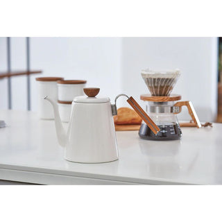 Hario | Bona Enamel Coffee Drip Kettle | 800ml | White Enamel & Wooden Handle | Induction Compatible