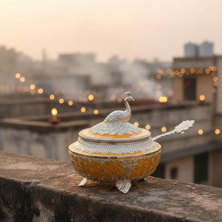 Avaas | Naarang - Peacock Sugar Candy Dish white color | German Silver | White & Silver | 1 Pc