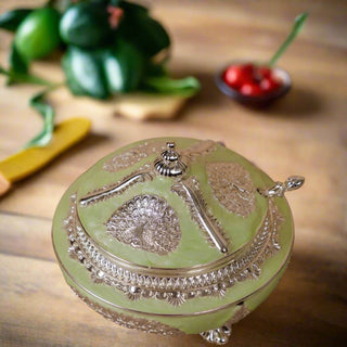 Āvaas | Mosaic - Peacock Metal Candy Pot Gift Box | Metal | Green Silver Metal | 1 Pc