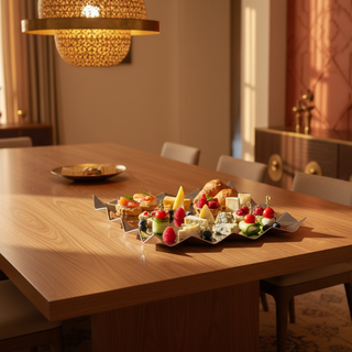 Assorted appetizers on a decorative plate on a kitchen counter