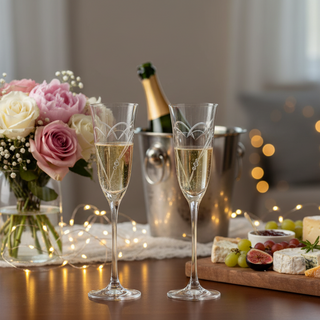 Two champagne flutes with a bottle of champagne, a bouquet of flowers, and a charcuterie board on a table with a blurred background.