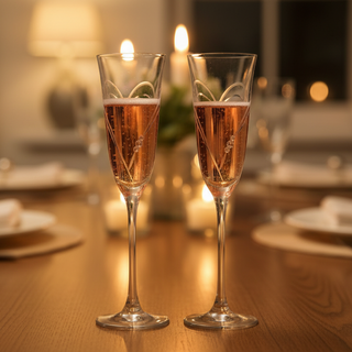 Two champagne flutes on a dinner table with a warm, blurred background