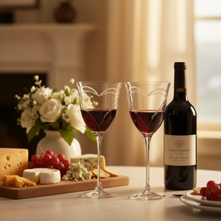 Two wine glasses with red wine, a bottle of wine, and a cheeseboard with grapes on a table.