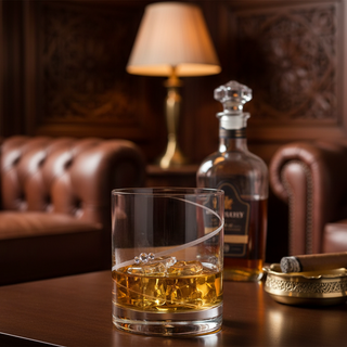 Glass of whiskey with a bottle and cigar on a wooden table in a cozy room.