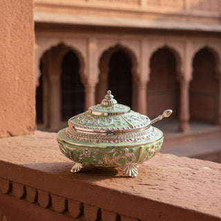 Avaas | Tulsi - Floral Metal Candy Dish | German Silver | Green & Silver | 1 Pc