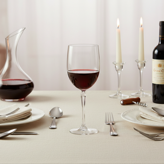 Dining table set for a wine tasting with decanter, glass, and bottle.