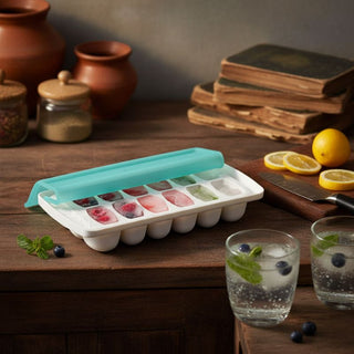 Ice cube tray with colorful ice cubes on a wooden table with glasses of water and fruit.
