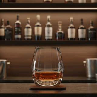 Glass of whiskey on a coaster with bottles in the background