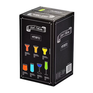 Krosno glassware set packaging with colorful glass illustrations on a black background