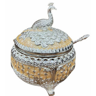 Āvaas | Rohini - Peacock Metal Candy Pot Gift Box | Metal | Peach Peacock Silver | 1 Pc