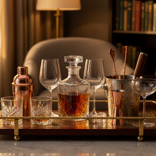 create an at home bar with decanter, crystal glasses, barware