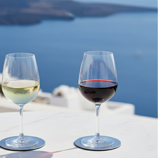 Two wine glasses with white and red wine on a table with a scenic background With steel coasters.