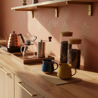 show me a nice coffee station at an Indian home - with pour over kits, coffee beans, mugs, dripper, etc