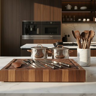 show one of my chopping board, knives, cooking pods pro, kitchen tools in a kitchen setting 